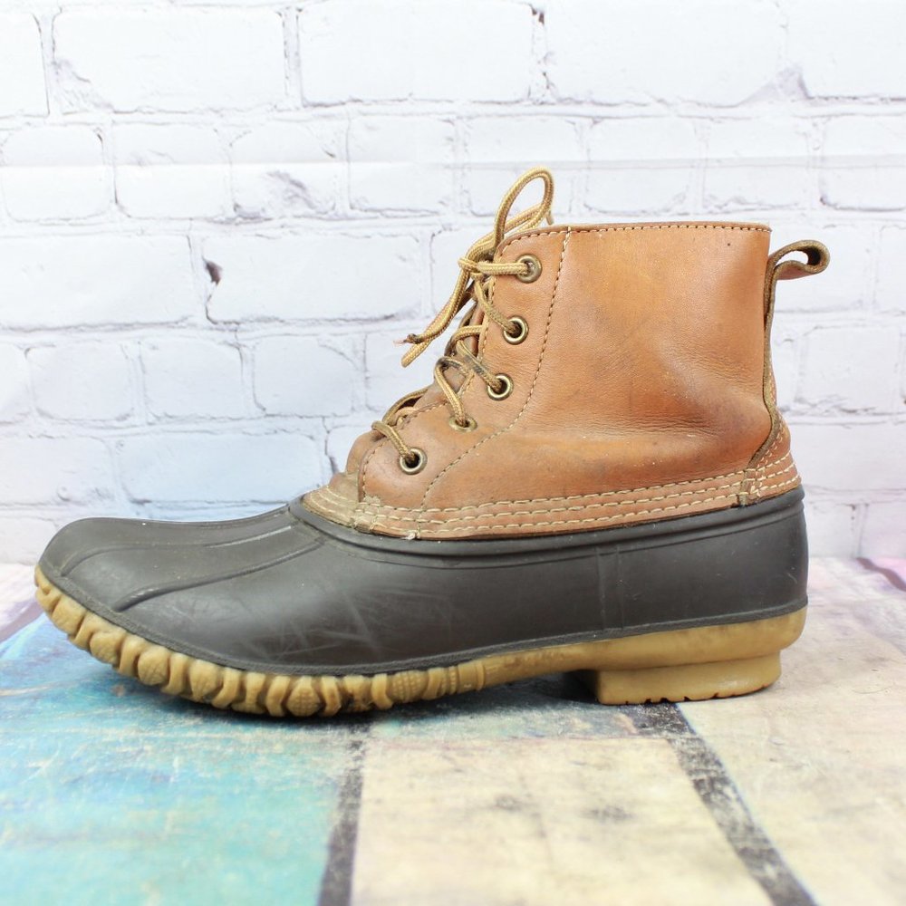 Vintage LL Bean Unlined Brown Leather Lace Up Leather Duck Boots Size 7 - Picture 1 of 9